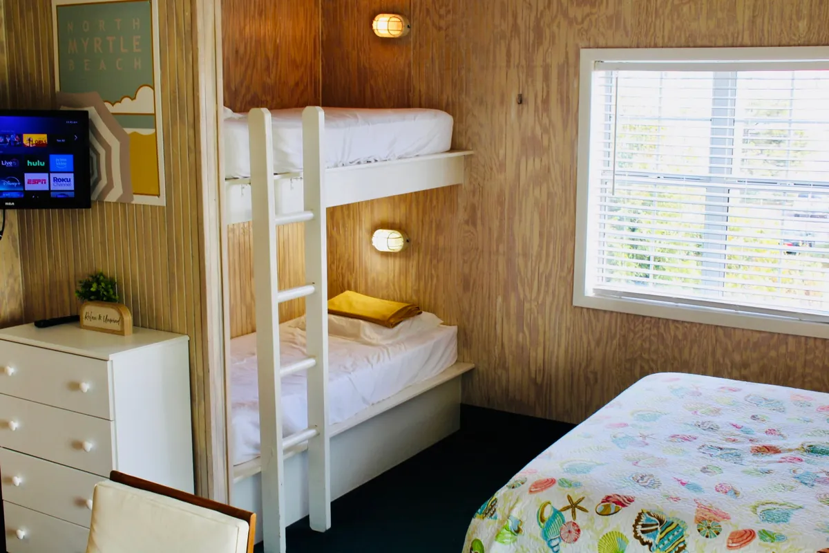 This interior shot captures a bright, inviting studio space featuring both bunk beds and a double bed. Sunlight streams through the window, illuminating easy-to-clean flooring and surfaces. The layout is open and uncluttered, providing a practical environment for guests traveling with pets. The door or window hints at direct access to the outdoors.